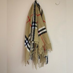 Elegant Tan and Red Plaid Fringe Scarf